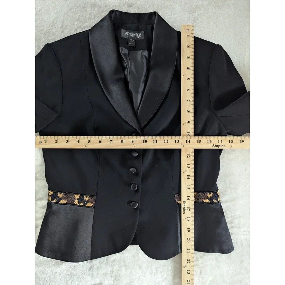 VTG John Meyer Black Mixed Media‎ Beaded Blazer Women's Size 8 Floral Office